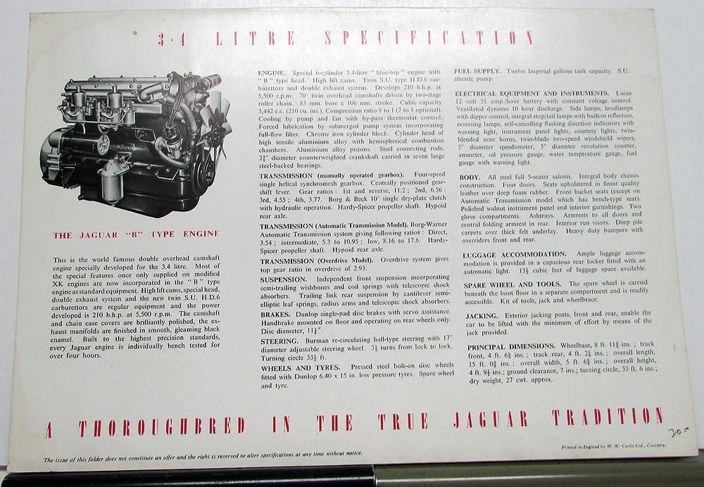 1958 Jaguar 3.4 Litre Dealer Sales Brochure Large Folder XK B Type