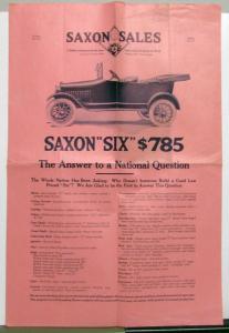 1916 Saxon Six Dealer Large Sales Flyer Poster Edition No 27 5 Passenger Orig