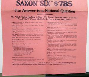 1916 Saxon Six Dealer Large Sales Flyer Poster Edition No 27 5 Passenger Orig