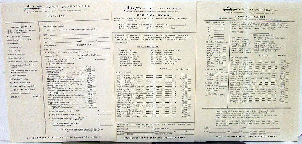 1983 Avanti II Sales Packet Ltr Data Sheet Sales Folder Price List FAQ ...