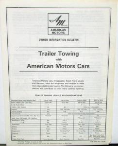 1969 American Motors Trailer Towing Bltn Javelin AMX Rebel Ambassador Rambler