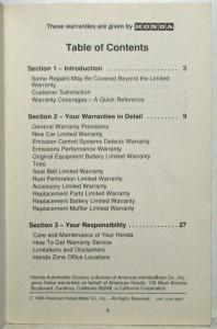 1990 Honda Warranties Manual