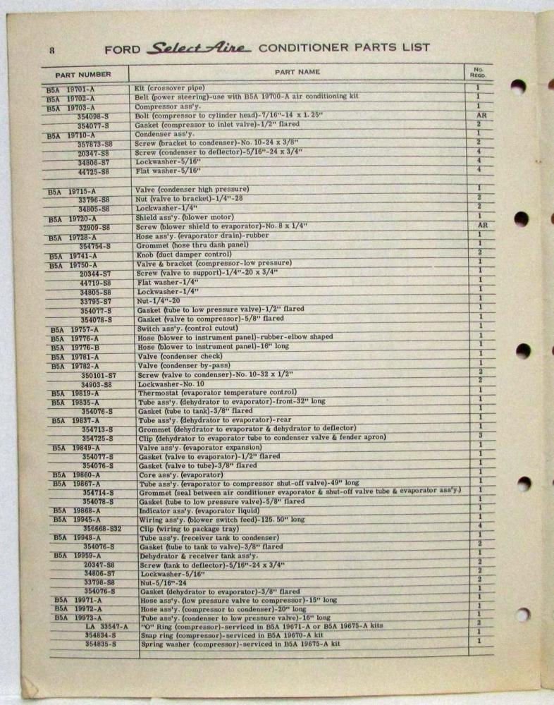 1955 Ford SelectAire Air Conditioner Parts List Supplement - A/C