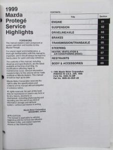 1999 Mazda Protege Service Highlights Shop Manual