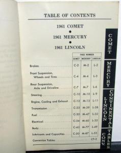 1961 Lincoln Comet Mercury Continental Service Specifications Handbook