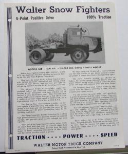 Early 1960s Walter Motor Truck Dealer Data Sheet Snow Fighters Model AEB Plow