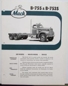 1961 Mack Trucks Model B 75S B 753S Diagram Dimensions Sales Brochure Original