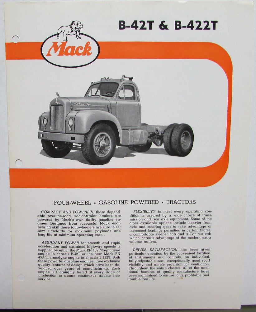 1961 Mack Trucks Model B 42T B 422T Diagram Dimensions Sales Brochure ...