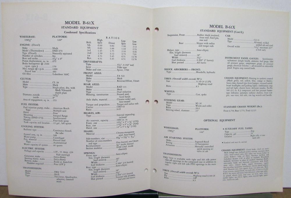 1961 Mack Trucks Model B 61X Diagram Dimensions Sales Brochure Original