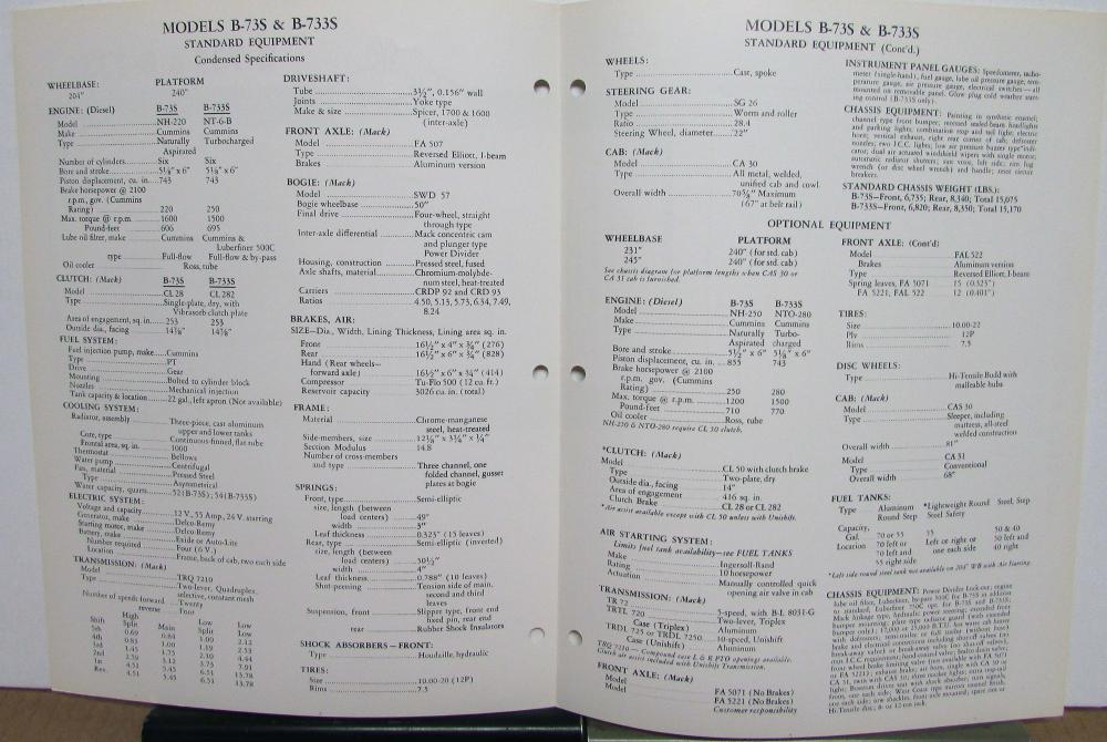 1961 Mack Trucks Model B 73S B 733S Diagram Dimensions Sales Brochure ...