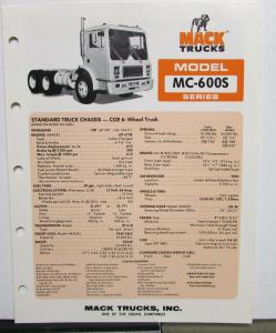 1978 Mack Trucks Model MC-600S Diagram Dimensions Sales Brochure Original