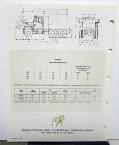 1976 Mack Truck Model R 600ST Diagrams Dimensions Sales Brochure Original