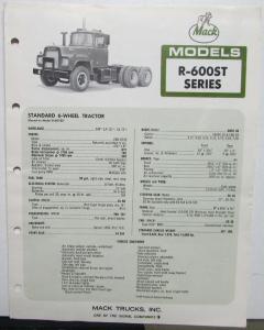 1970 Mack Trucks Model R 600ST Standard Specifications Sales Brochure Original