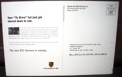 2004 Porsche 911 Carrera S Dealer Postcard Large