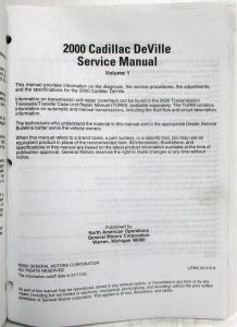 2000 Cadillac DeVille Service Shop Repair Manual - Vol 1 Only