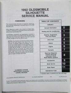 1992 Oldsmobile Silhouette Service Shop Repair Manual