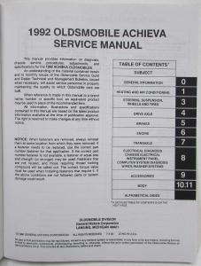 1992 Oldsmobile Achieva Service Shop Repair Manual