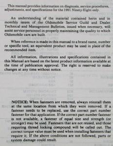 1991 Oldsmobile 98 Regency Elite and Touring Sedan Service Shop Repair Manual