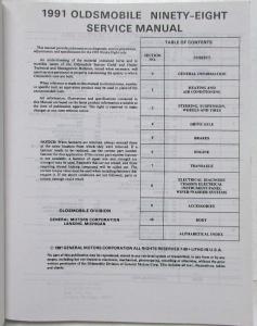 1991 Oldsmobile 98 Regency Elite and Touring Sedan Service Shop Repair Manual