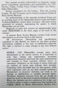 1985 Oldsmobile Chassis Service Manual - Firenza Calais Cutlass 98 - 2 Vol Set