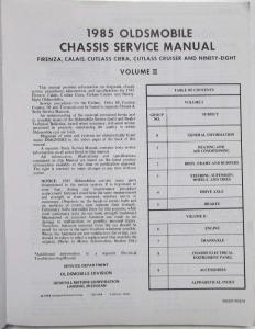 1985 Oldsmobile Chassis Service Manual - Firenza Calais Cutlass 98 - 2 Vol Set