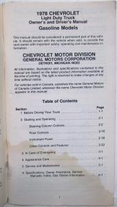 1978 Chevrolet Light Duty Gasoline Truck Owners and Drivers Manual