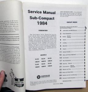 1984 Dodge Colt Dealer Service Shop Repair Manual Sub-Compact