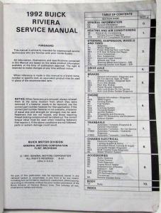 1992 Buick Riviera Service Shop Repair Manual