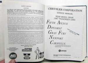 1987 Chrysler Dodge Plymouth RWD Car Service Shop Manual Fifth Avenue Diplomat