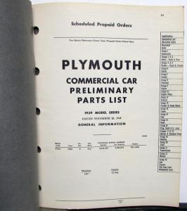 1939 Plymouth Dealer Parts List Book Catalog Prelim Commercial Car Pickup PT81