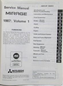 1987 Mitsubishi Mirage Service Shop Repair Manual - 2 Volume Set