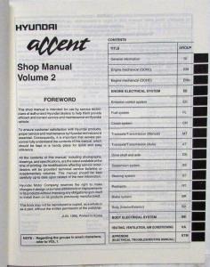 1996 Hyundai Accent Service Shop Repair Manual - 2 Volume Set