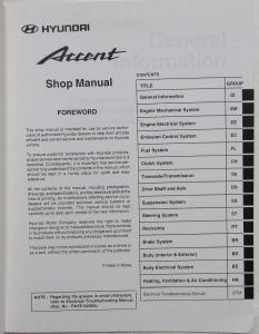 2000 Hyundai Accent Service Shop Repair Manual