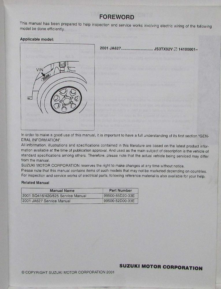 2001 Suzuki Grand Vitara XL7 SQ627 Dealer Electrical Wiring Diagram Manual