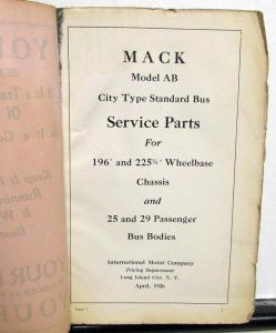 1926 Mack AB City Type Standard Bus Parts Book Original Rare