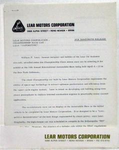 1969 Lear Vapordyne Steam Race Car Media Information Press Kit from Lear Motors