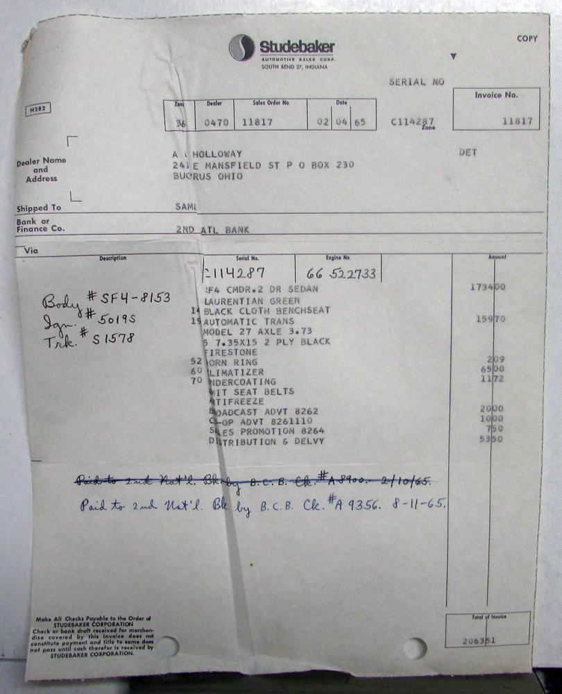 1965 Studebaker Dealer Invoices Car Set Of 5 Options Price Holloway ...