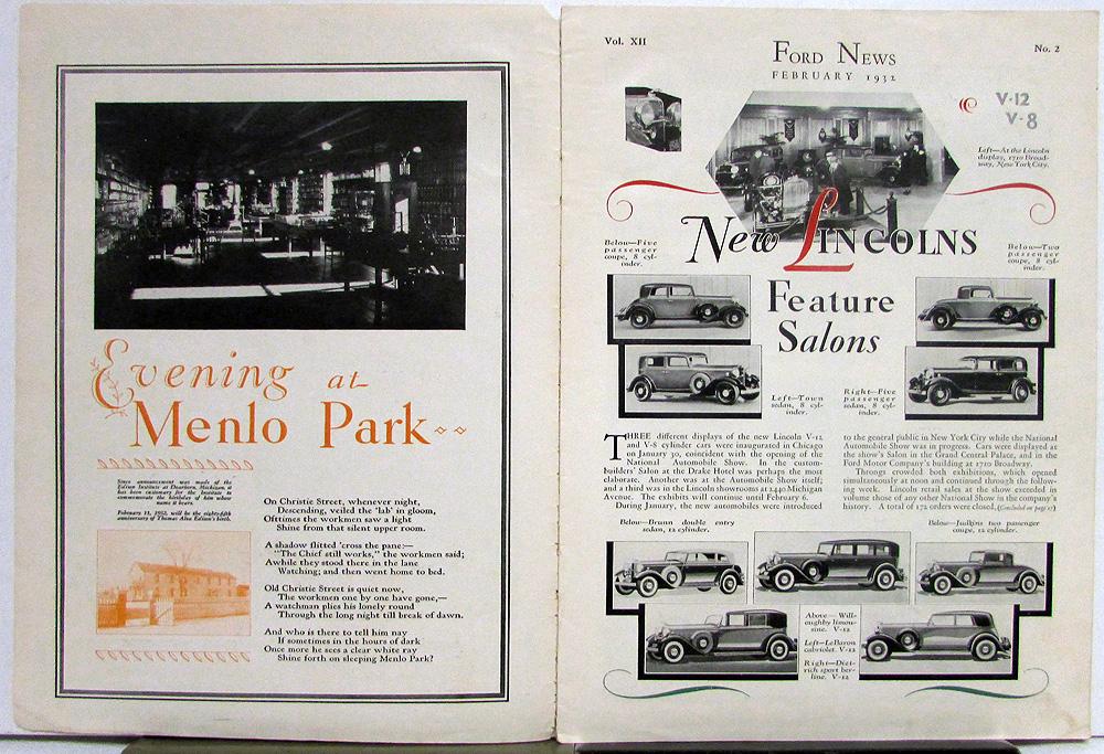 1932 Ford News Feb Issue Delivery Vehicles Lincoln Salons Police Cars ...