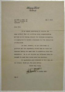 1916 Letter Regarding Henry Ford Political Aspirations - Asst Secretary Signed