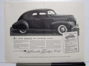 1939 Lincoln Zephyr V12 Sedan 12 Cylinders Ad Proof 12.5x16.5