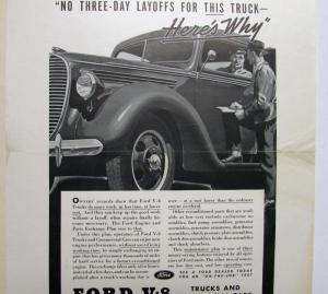 1938 Ford V8 Truck Commercial Cars No Three Day Layoffs Ad Proofs Original