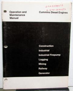 1974 Cummins Diesel Engines Operation Maintenance Manual Industrial Construction