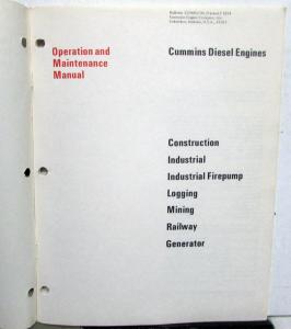 1974 Cummins Diesel Engines Operation Maintenance Manual Industrial Construction