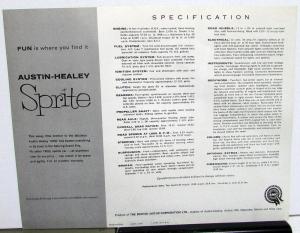 1960 Austin Healey Sprite Original Sales Spec Sheet