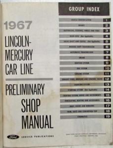 1967 Lincoln Mercury Car Line Preliminary Service Shop Repair Manual