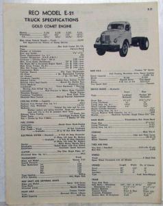 1950 REO E-21 Model Truck with Gold Comet Engine Specifications Sheet