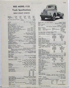 1951 REO F-22 Model Truck with Gold Comet Engine Specifications Sheet