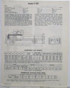 1951 REO F-22 Model Truck with Gold Comet Engine Specifications Sheet