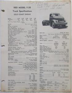 1952 REO F-20 Model Truck with Gold Comet Engine Specifications Sheet