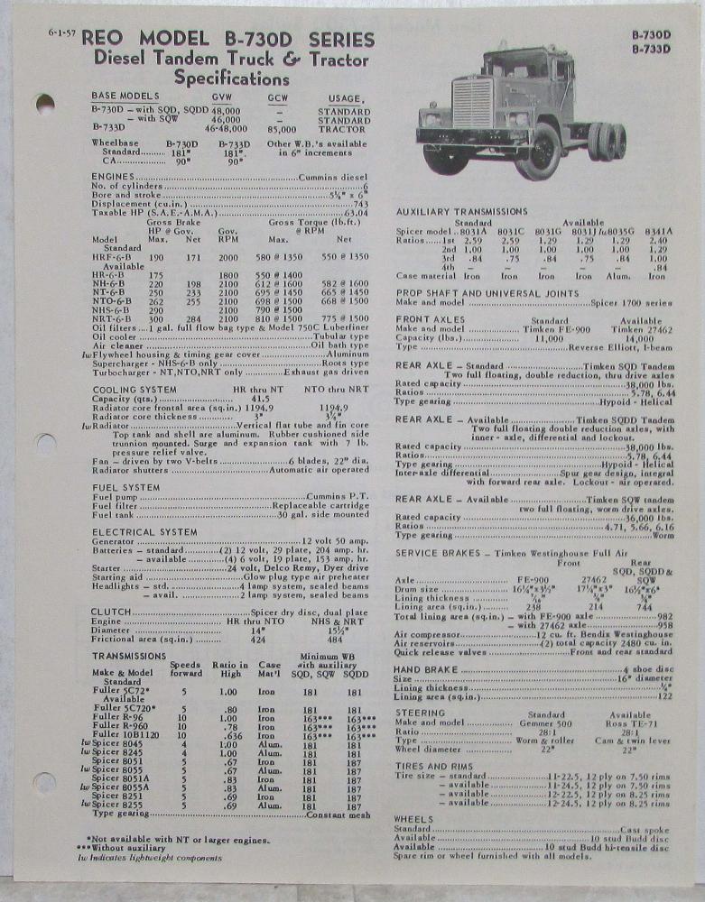 1957 REO B-730D And B-733D Model Truck Specifications Sheet